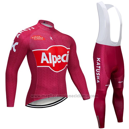 2019 Abbigliamento Ciclismo Katusha Alpecin Rosso Manica Lunga e Salopette